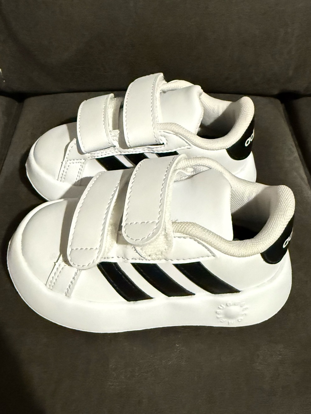Toddler Adidas Bubble Comfy White Sneakers with Black Stripes Velcro